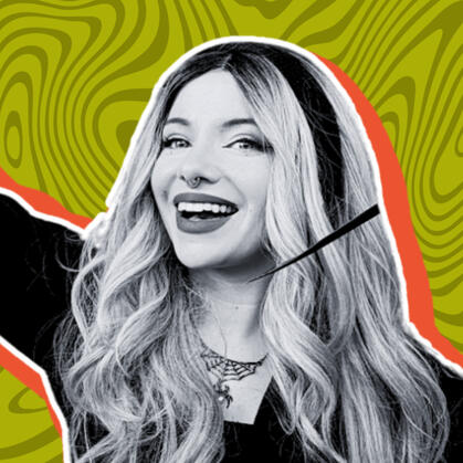 Picture of Ali with green background and orange drop shadow. She is smiling and she is black and white